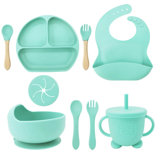 cyan 9-piece silicone bibs and feeding set.