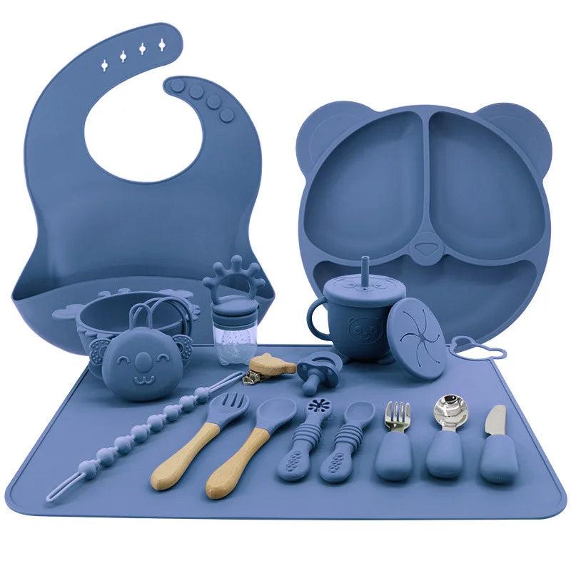 Blue 17-piece all in one silicone baby feeding set