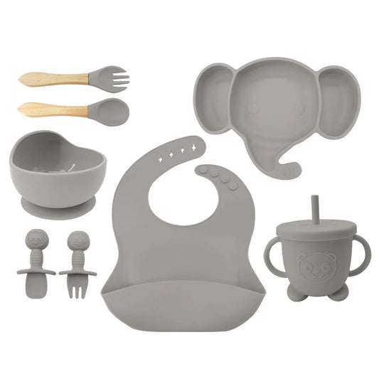 8 Piece Dark Gray Silicone Baby Feeding Set | Anti Slip Baby Utensils