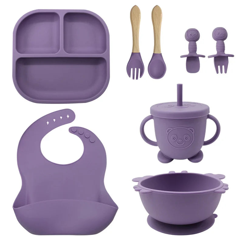 Burgundy 8-piece Bear Silicone Baby Utensils | Feeding Set