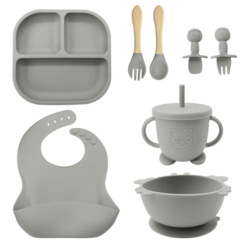 Gray 8-piece Bear Silicone Baby Utensils | Feeding Set