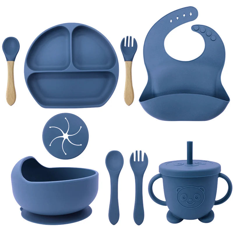 Blue 9-piece silicone bibs and feeding set.