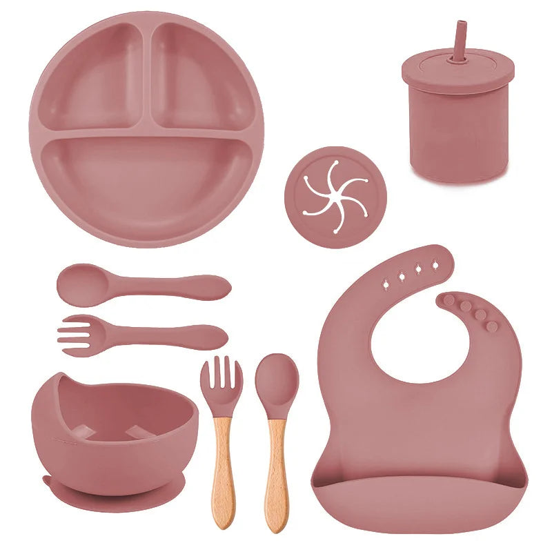 Dark pink Silicone Food-Grade Baby Feeding Set