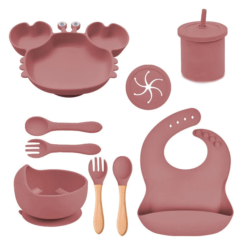 Dark pink Silicone Baby Bibs and Bowl Set