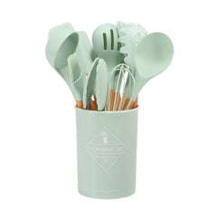 Green 11pc Silicone Cooking Utensil Set Wooden Handles