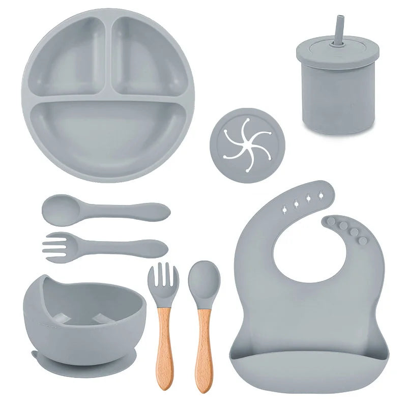 Gray Silicone Food-Grade Baby Feeding Set