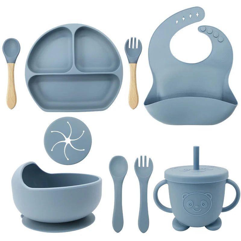 Light Blue 9-piece Silicone Baby Feeding Set | Silicone Utensils