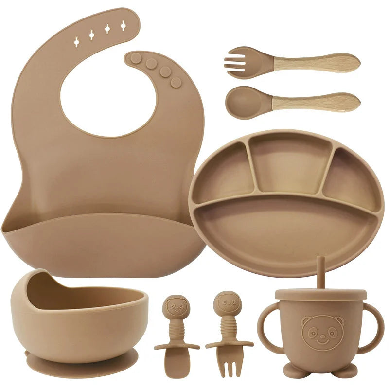 brown 8-piece Infant Silicone Feeding Set | Baby Utensils