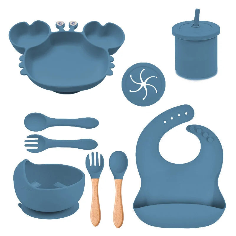 Blue Silicone Baby Bibs and Bowl Set