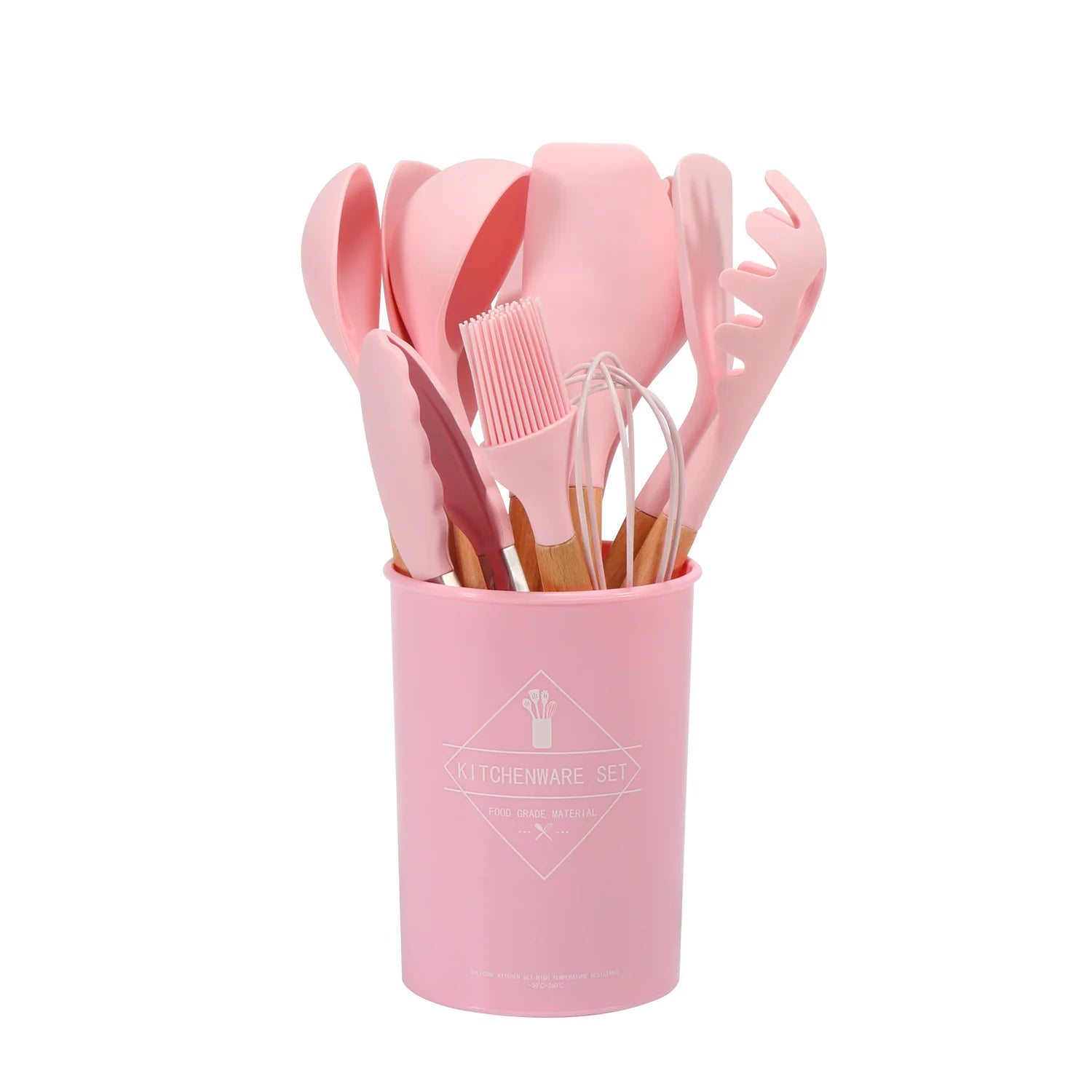 Pink 11pc Silicone Cooking Utensil Set Wooden Handles