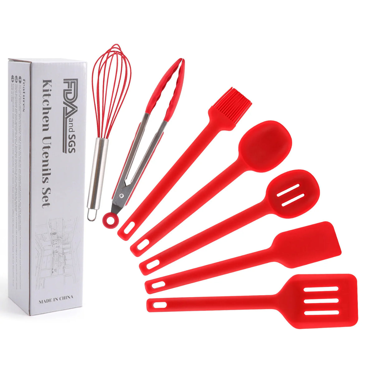 red Silicone Cooking Utensils Set Seven Pieces