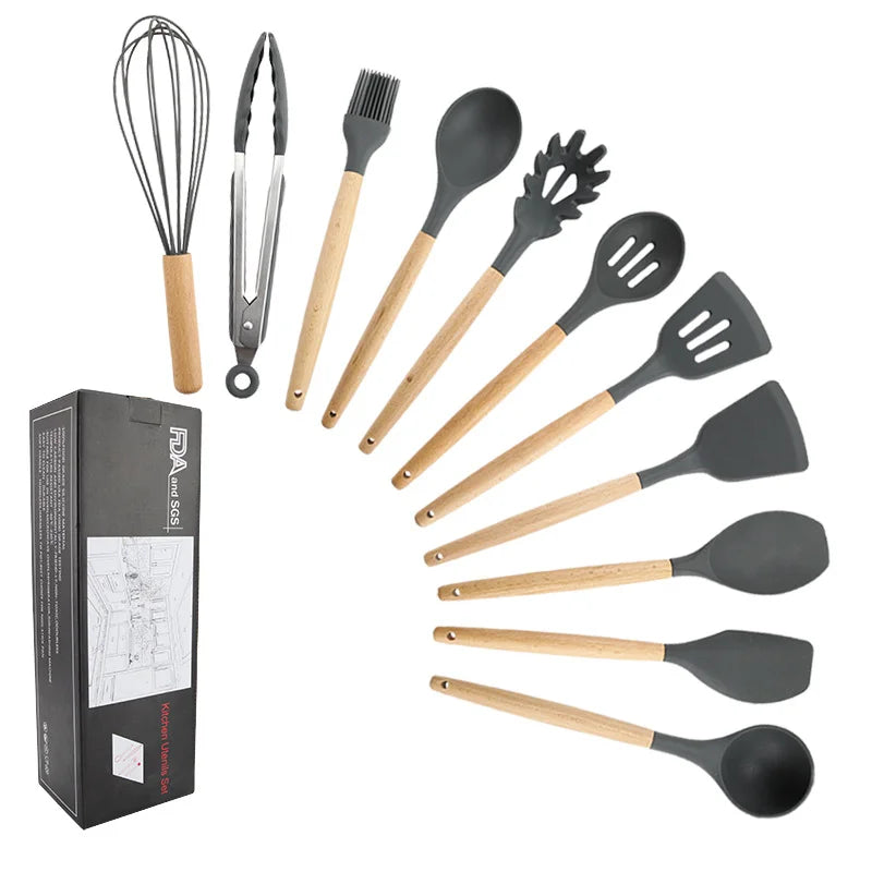 11pc Black Silicone Cooking Utensils Set Wood handle