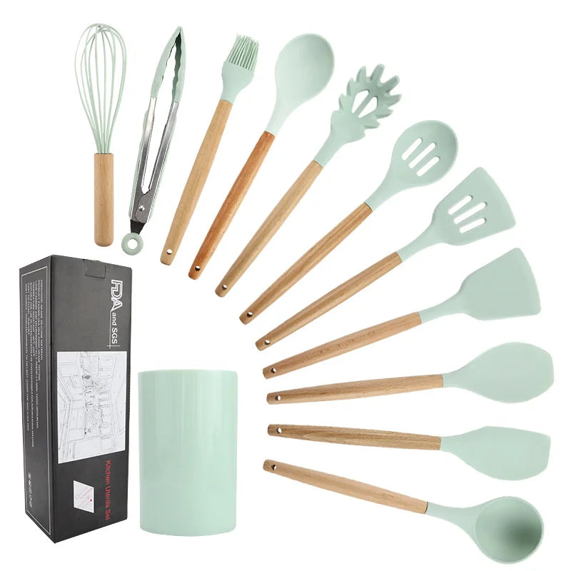 12pc Green Silicone Cooking Utensils Set Wood handle