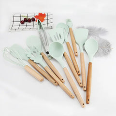 11pc Green Silicone Cooking Utensils Set Wood handle