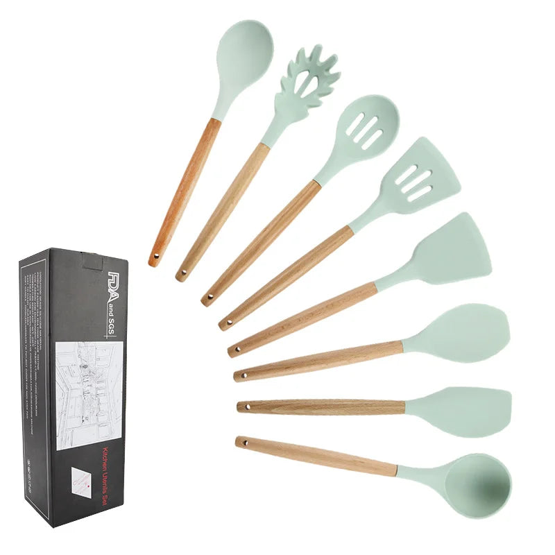 8pc Green Silicone Cooking Utensils Set Wood handle