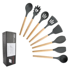 8pc Black Silicone Cooking Utensils Set Wood handle