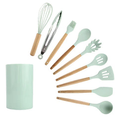 10pc Green Silicone Cooking Utensils Set Wood handle