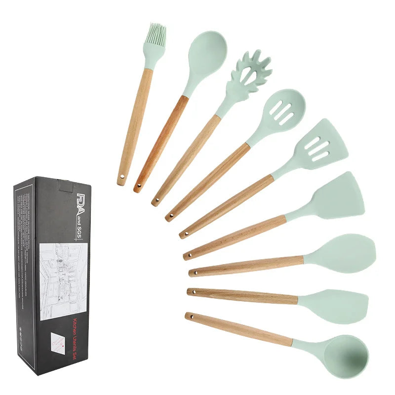 9pc Green Silicone Cooking Utensils Set Wood handle