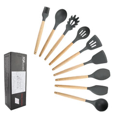 9pc Black Silicone Cooking Utensils Set Wood handle