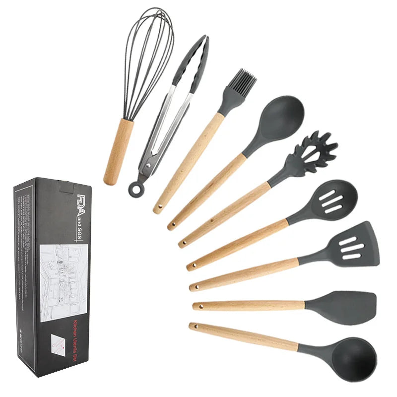 9pc with tongs Black Silicone Cooking Utensils Set Wood handle