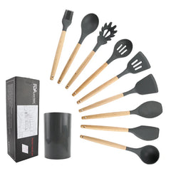 10pc Black Silicone Cooking Utensils Set Wood handle