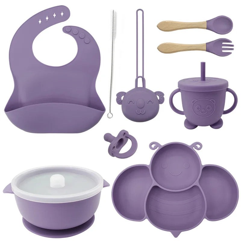 Purple 9-piece silicone bibs and bowl set