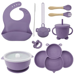 Purple 9-piece silicone bibs and bowl set