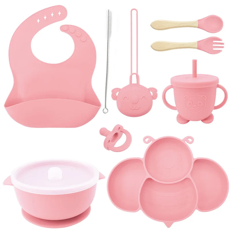 Light pink 9-piece silicone bibs and bowl set