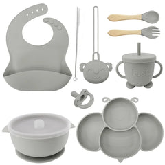 Silver 9-piece silicone bibs and bowl set