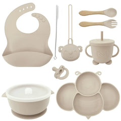 Beige 9-piece silicone bibs and bowl set