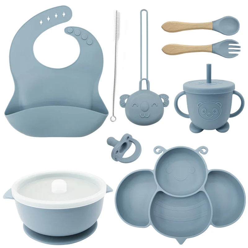 Light Blue 9-piece silicone bibs and bowl set