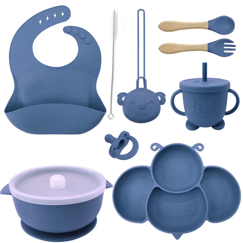 Blue 9-piece silicone bibs and bowl set