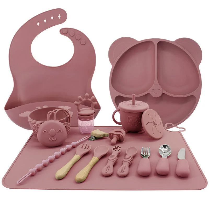 Dark pink 17-piece all in one silicone baby feeding set