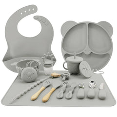 Silver 17-piece all in one silicone baby feeding set