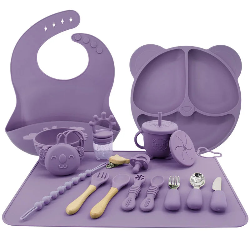 Purple 17-piece all in one silicone baby feeding set