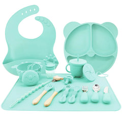 cyan 17-piece all in one silicone baby feeding set