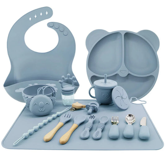 Light Blue 17-piece all in one silicone baby feeding set