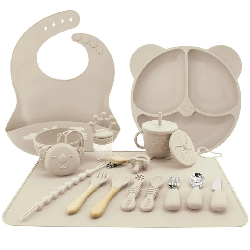 Beige 17-piece all in one silicone baby feeding set