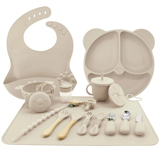 Beige 17-piece All-In-One Silicone Baby Feeding Set | Baby Utensils