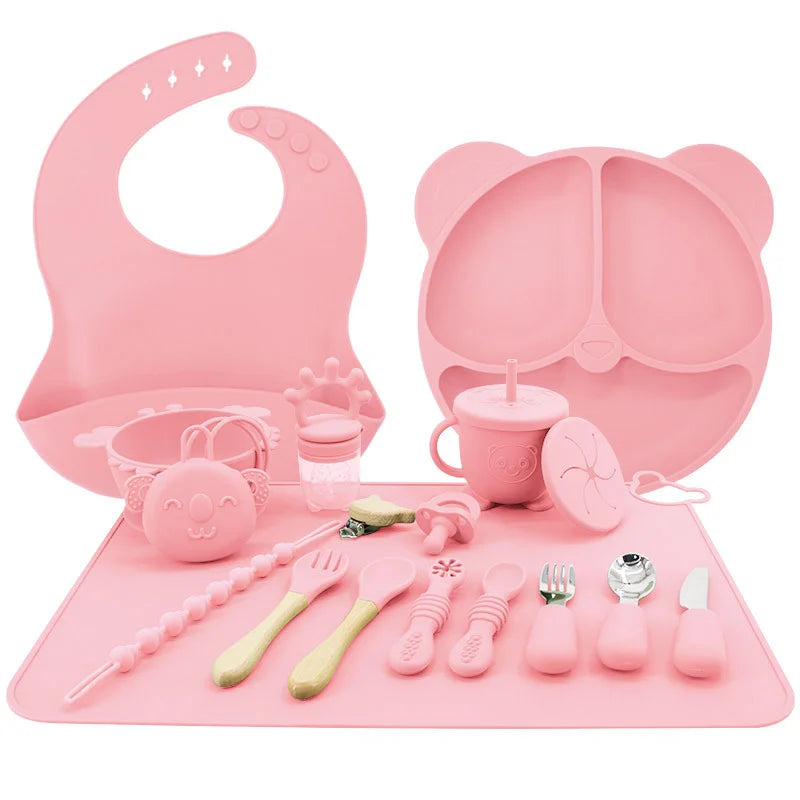 Light pink 17-piece all in one silicone baby feeding set