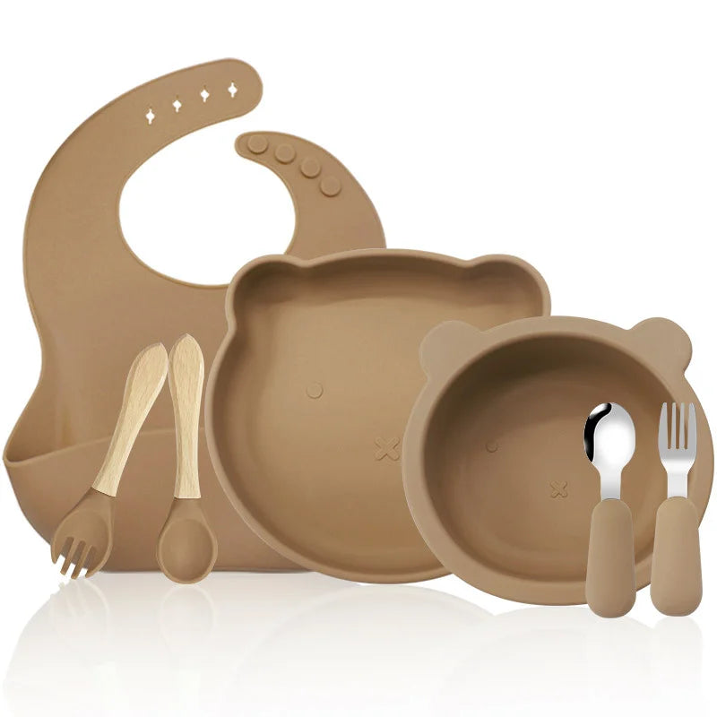 brown 7-piece silicone bibs and bowls set