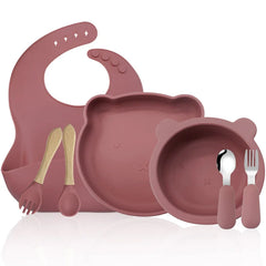 Dark pink 7-piece silicone bibs and bowls set