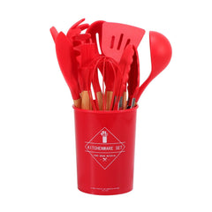 Red 11pc Silicone Cooking Utensil Set Wooden Handles