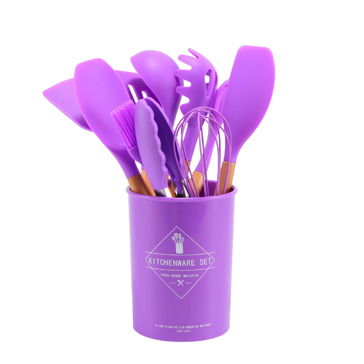 Purple 11pc Silicone Cooking Utensil Set Wooden Handles