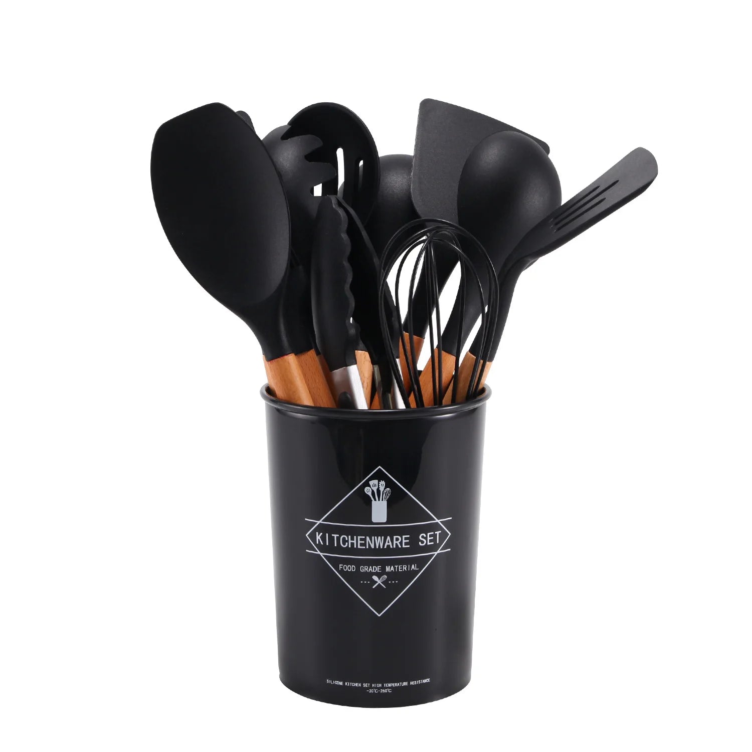 Black 11pc Silicone Cooking Utensil Set Wooden Handles