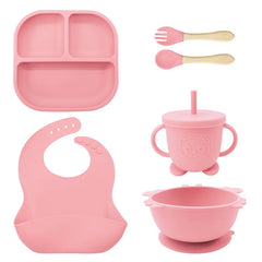 Light pink 8-piece bear silicone baby bibs and bowl set