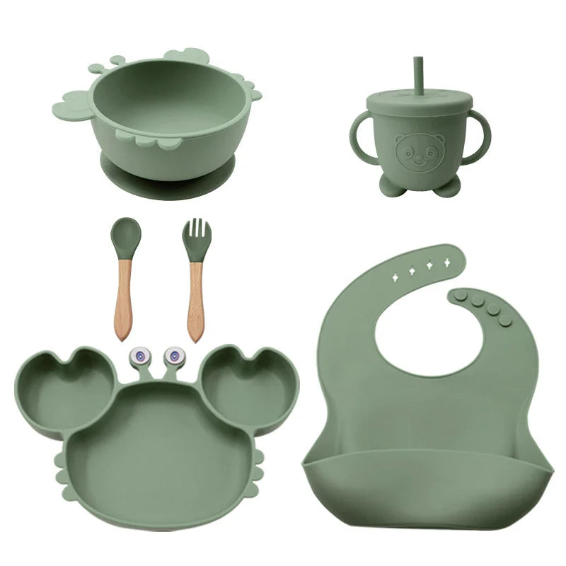 Green 8-piece crab silicone bibs and bowl set