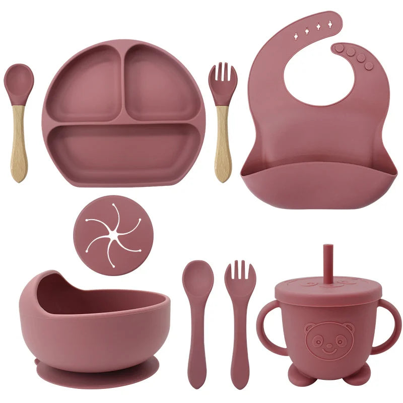 Dark pink 9-piece Silicone Baby Feeding Set | Silicone Utensils