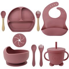 Dark pink 9-piece silicone bibs and feeding set.