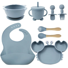 Light Blue 8-piece Crab Silicone Baby Utensils | Feeding Set